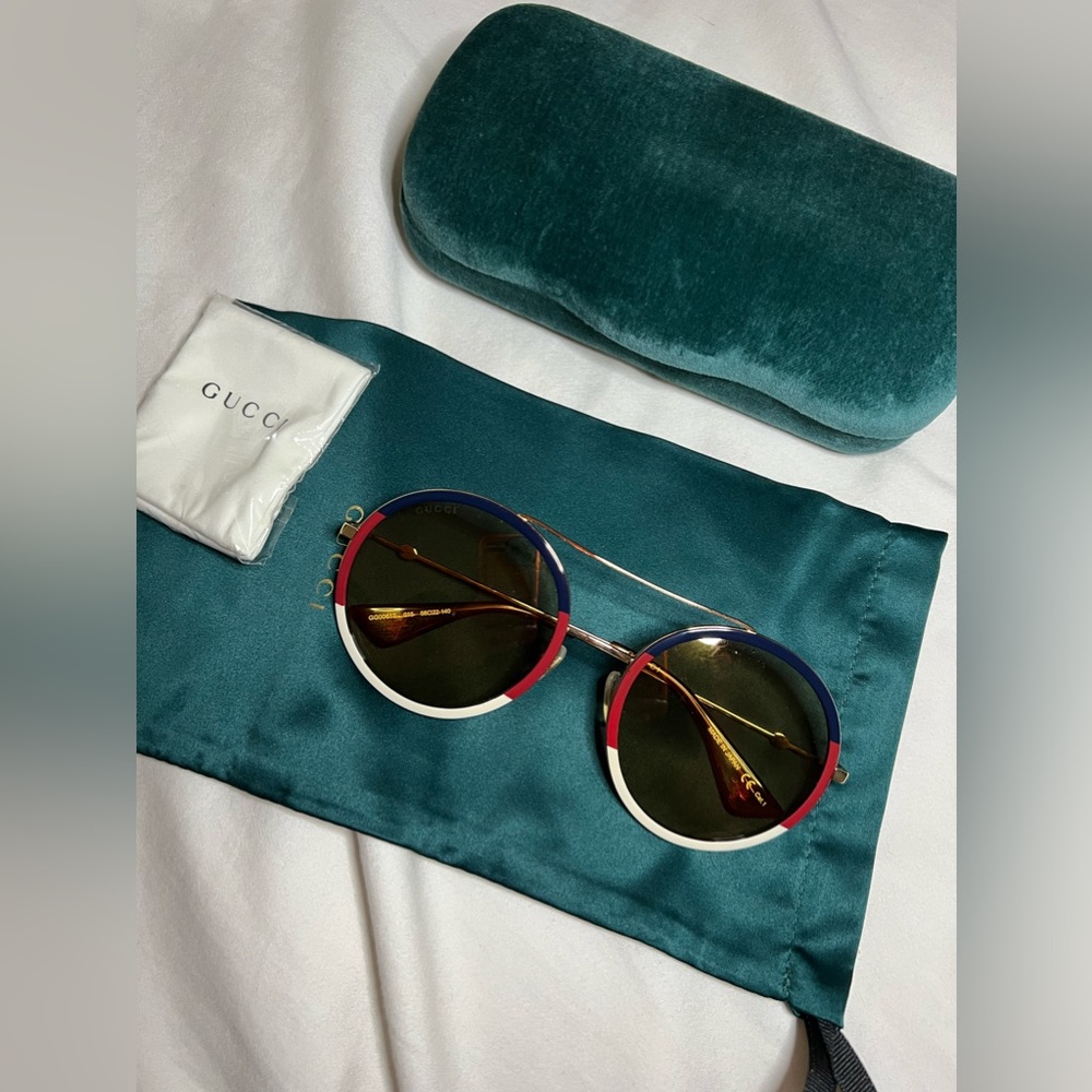 Gucci Urban Round Vintage Style Women's Sunglasses Blue/Red/White/Gold Tint